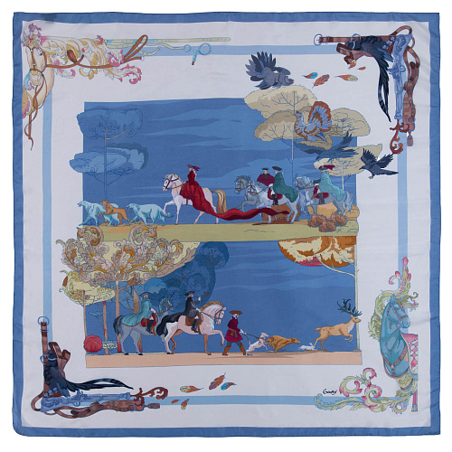 Платок "Царская охота" (шелк 100% белый 120х120) 