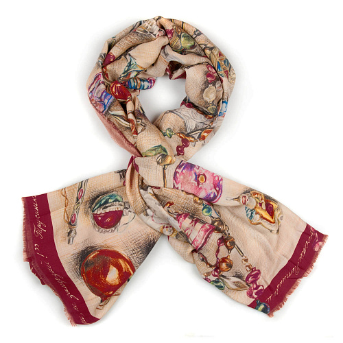 Шаль "Новогодние игрушки" (шерсть 100%, бежевый красный, 135x175 ) 