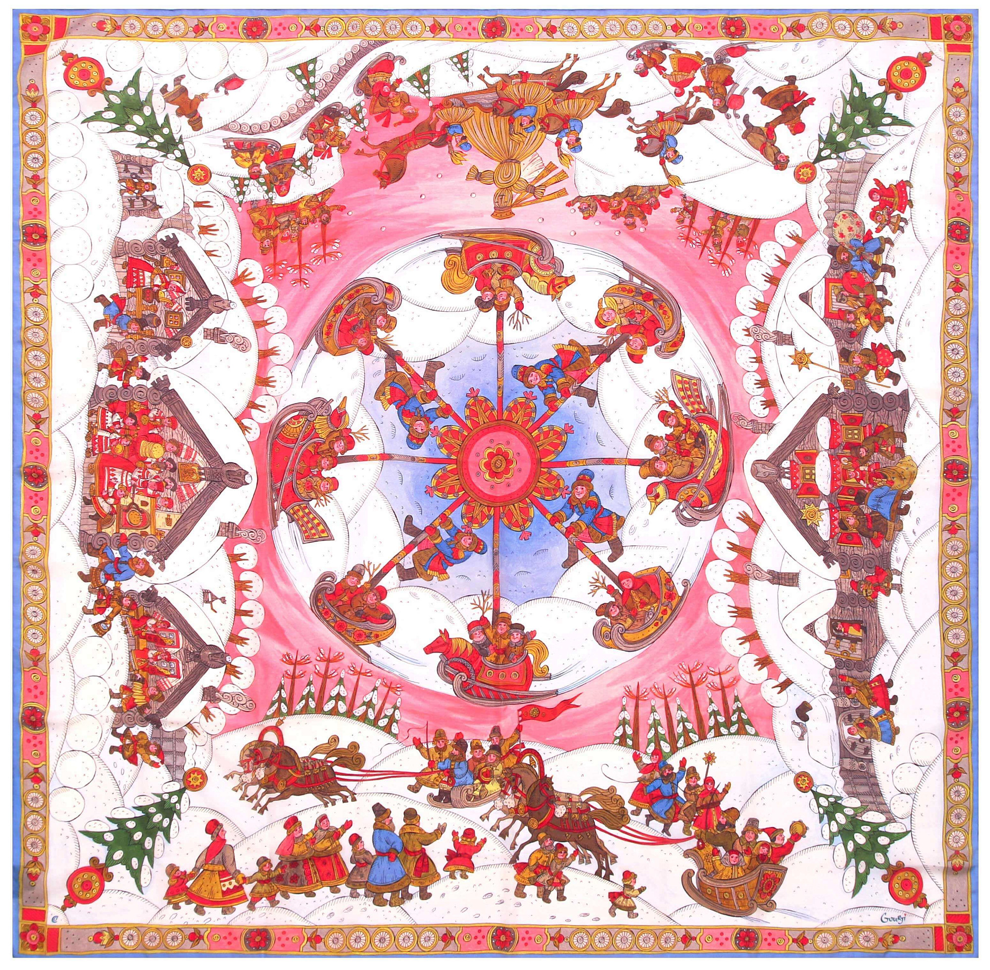 Платок "Зимние гуляния" (шелк 100% белый красный 90х90)