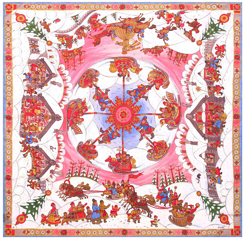 Платок "Зимние гуляния" (шелк 100% белый красный 90х90) 