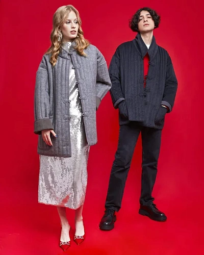 Полупальто "Телогрейка" серая стеганая (светло-серая, серый кант шерсть 90% шелк 10% L) 