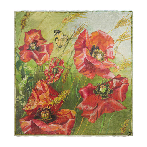 Платок "Маки" (шелк 100% зеленый красный 90х90) 