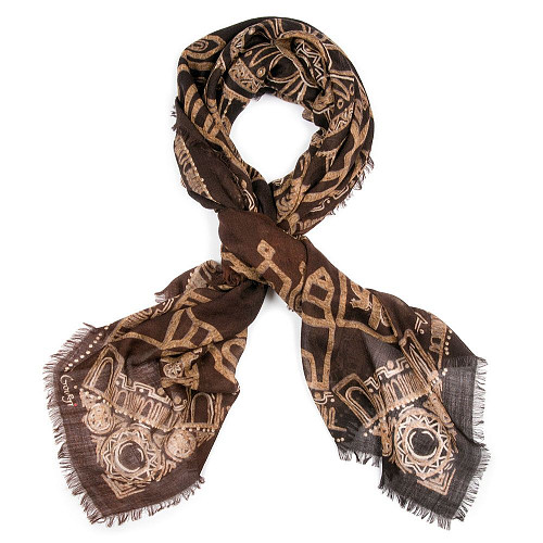 Платок "Русский кремль" (модал 90% кашемир 10% коричневый золотой 140х140) 