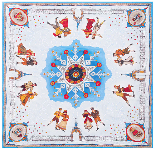 Платок "На катке" (шелк 100%, голубой, белый 90х90) 