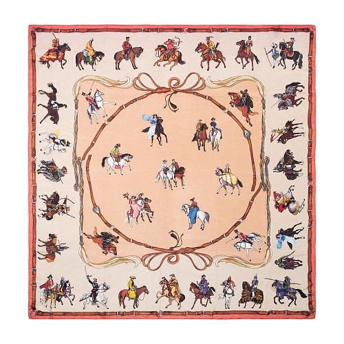 Платок "Всадники" (шелк 100% бежевый коричневый 90х90) 