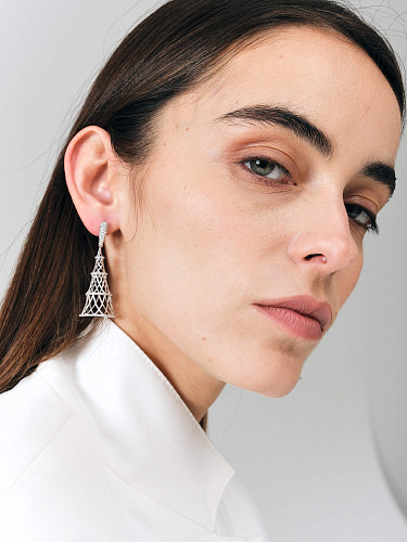 Серьги "Башня"  родий, фианит 