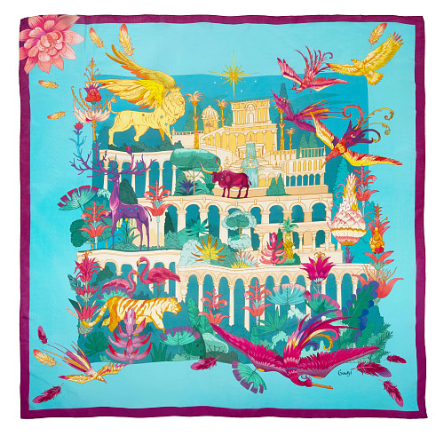 Платок "Дивный сад" (шелк 100% голубой розовый бежевый 90x90) 