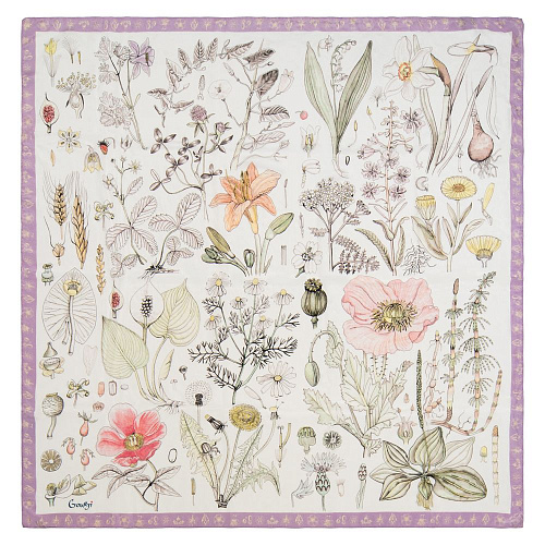 Платок "Гербарий" (модал 90%, кашемир 10%, лиловый белый, 140x140 см) 