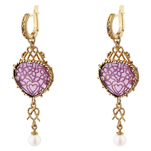 Серьги "Пряники"  (серебро 925 пробы/позолота/ 2 аметистовый ситалл,17,050ct, 2 жемчуг культ. пресн. кр.3,650 ct) 