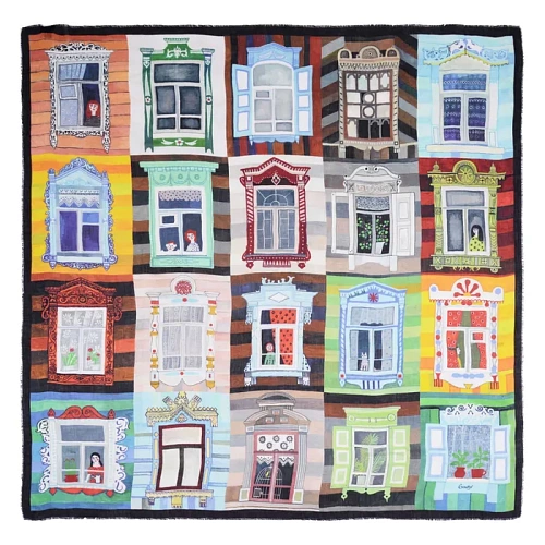 Платок "Окна" (шерсть 100%, голубой, желтый, зеленый 140х140) 