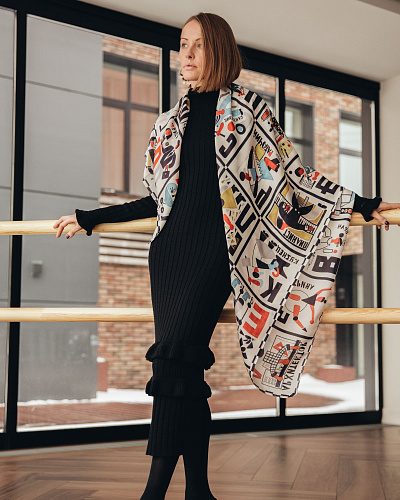 Платок "Алфавит. авангард"  (шелк 100% черный белый красный 120х120) 